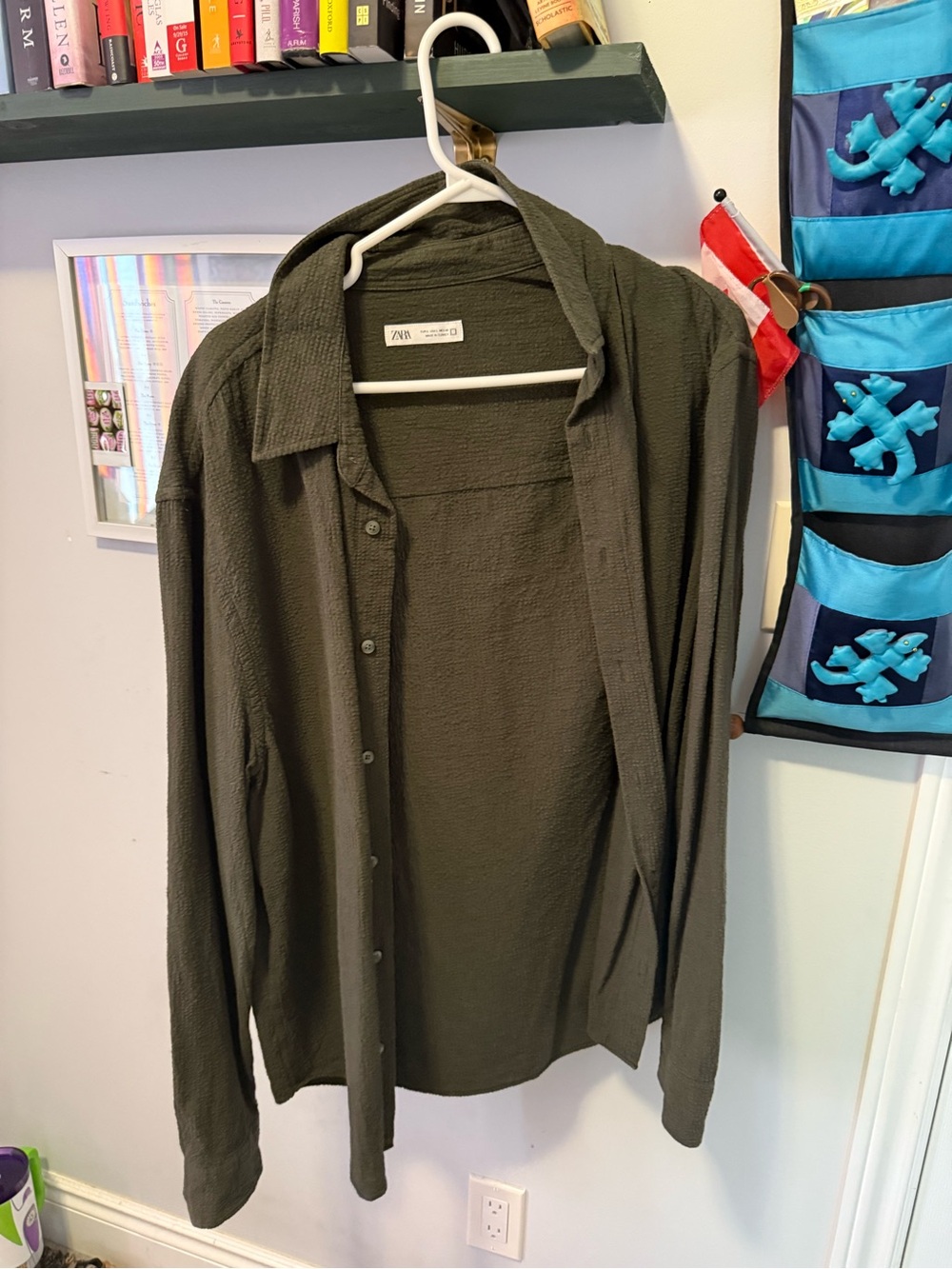 Zara Olive Green Textured Long-Sleeve Shirt